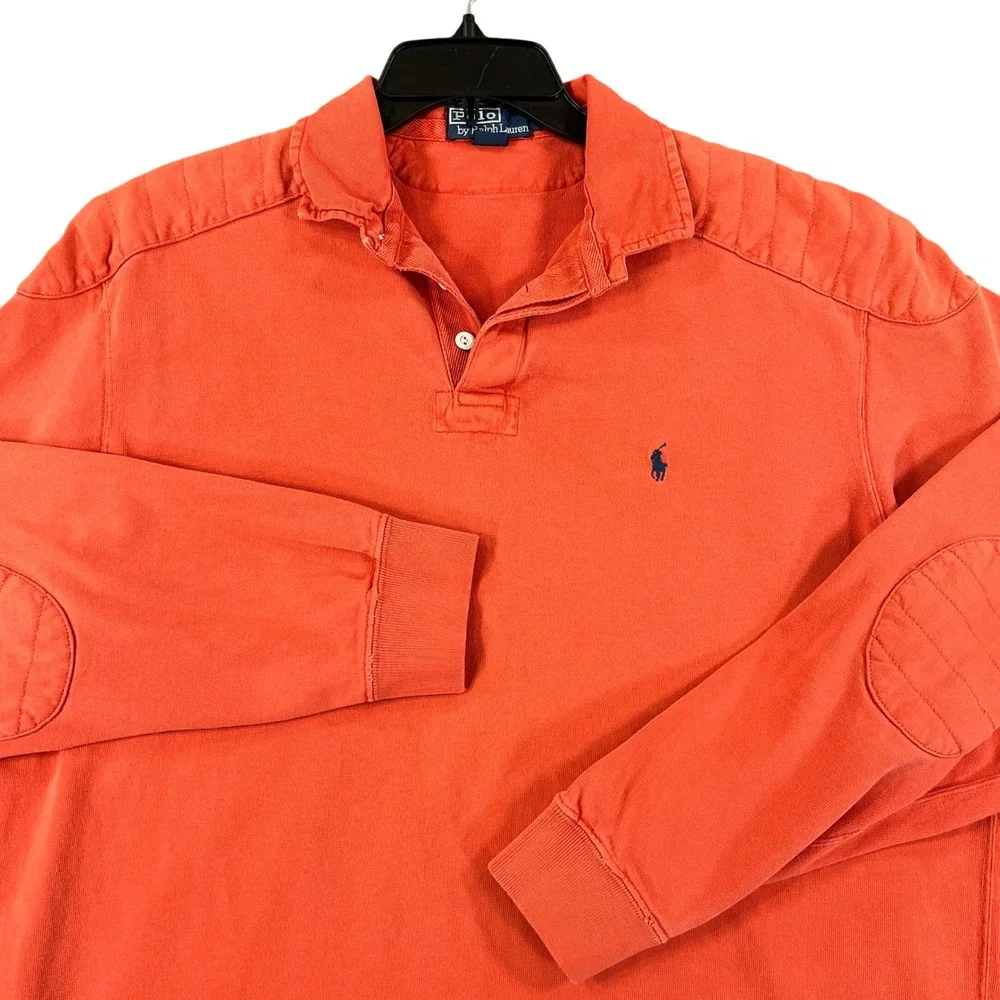 Vintage Y2K Polo Ralph Lauren Rugby Shirt Mens L Orange Shoulder Elbow Patch